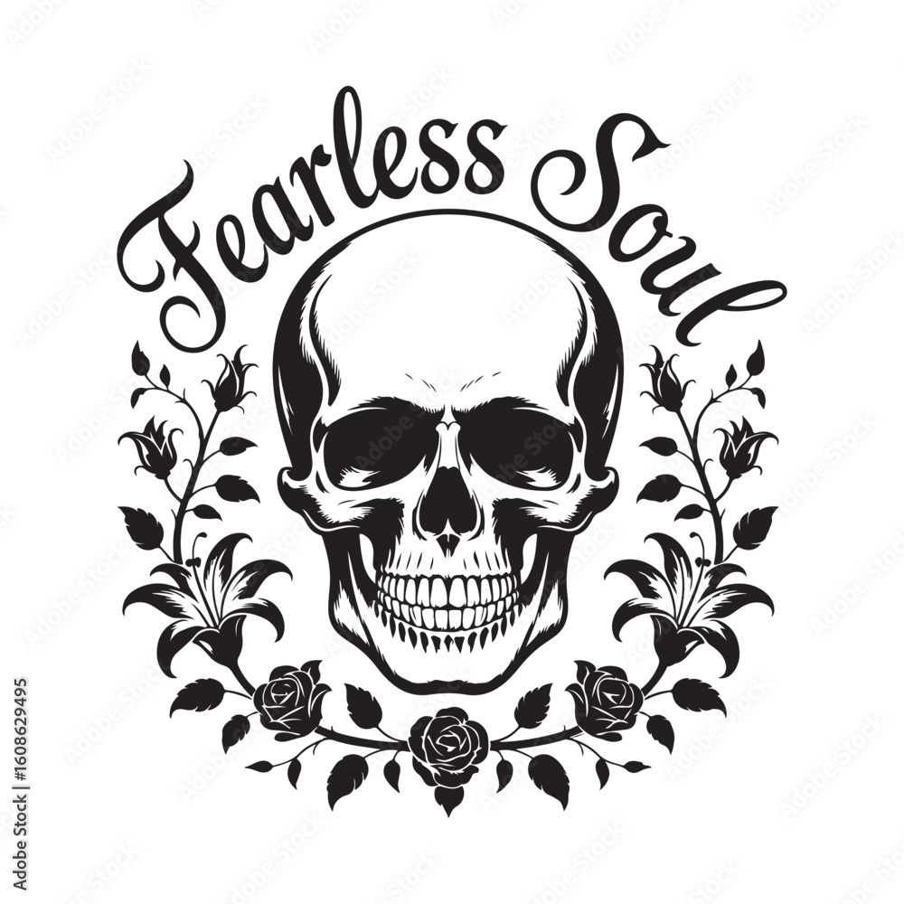 Fototapeta premium Fearless Soul Skull with Flowers Black and White Illustration