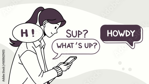 Digital chat bubble vector with different greetings like “Hi”, “Sup?”, “Howdy”, and “What’s up?” for messaging themes




