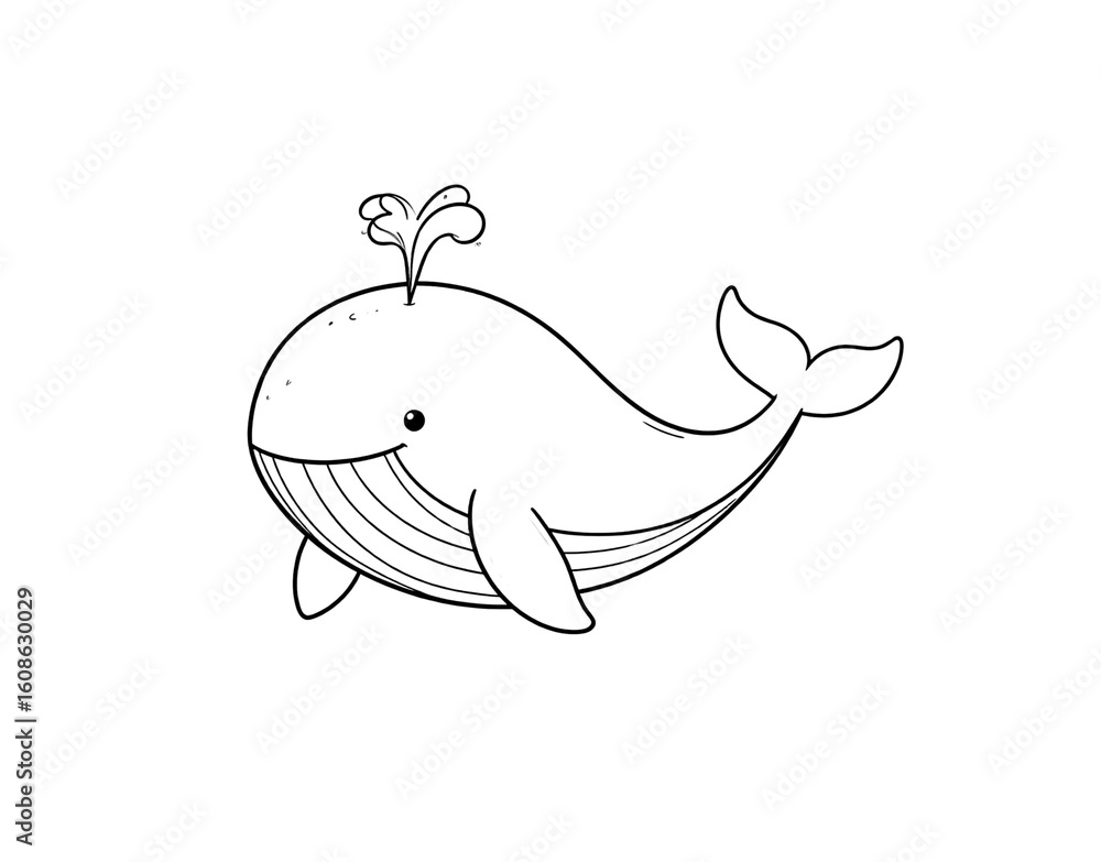 Obraz premium Stylized line art of a cheerful cartoon whale spouting water featuring a friendly smile and chubby body.