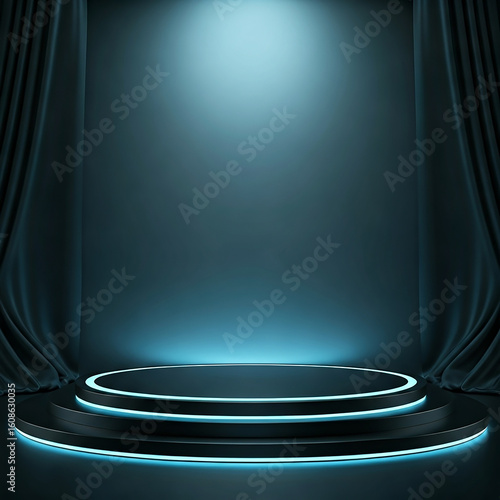 A stage adorned with blue lighting and a curtain, setting the scene for a theatrical performance.