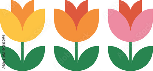 Three stylized flowers in yellow orange and pink with green stems and leaves on a white background
