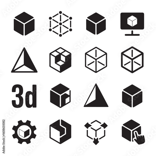 Collection of black and white 3d geometric icons and symbols