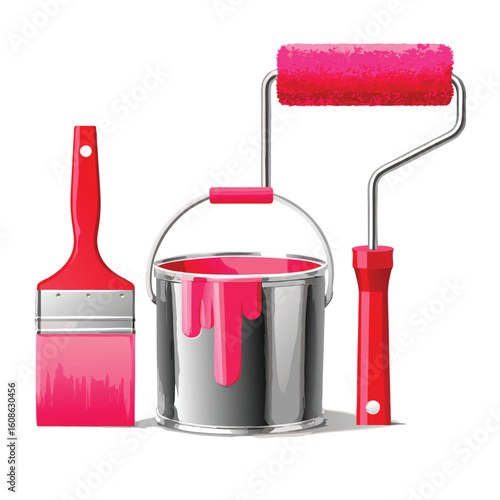  Paint Can with Pink Paint, Brush, and Roller vector eps