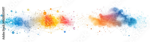 Colorful graph and cloud illustration depicting data analysis, information flow, and technology connections in a digital network. isolated