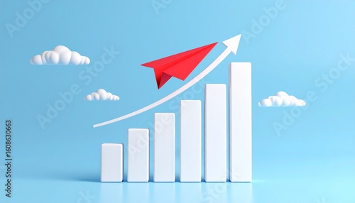 Red paper airplane rising above declining white bars.
