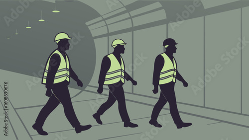Construction workers walking in tunnel safety vest and hard hats engineering project team underground work