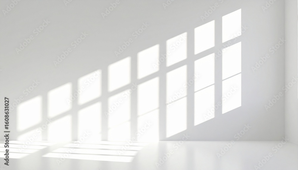 Fototapeta premium Sunlit empty room with grid windows casting shadows on floor, symbolizing clarity and openness