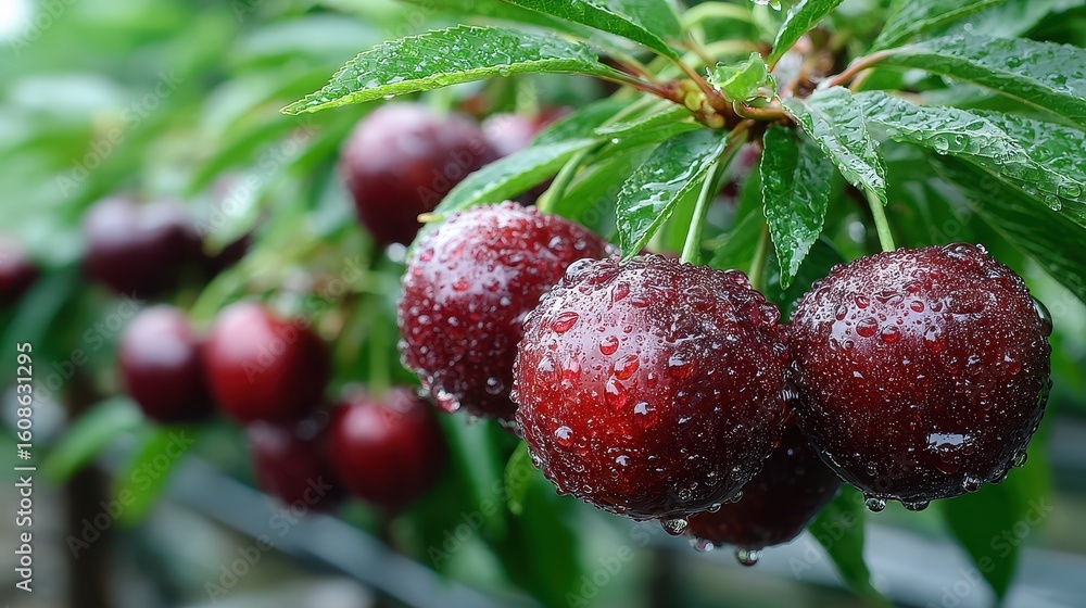 Obraz premium Fresh Cherries on Branch with Water Droplets