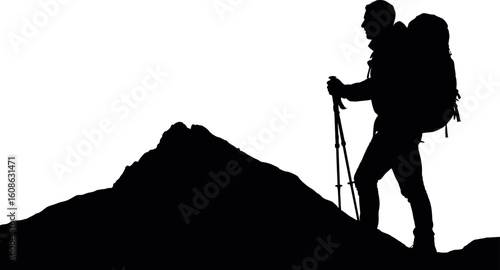 Silhouette of a hiker with a backpack climbing a mountain using trekking poles against a white background