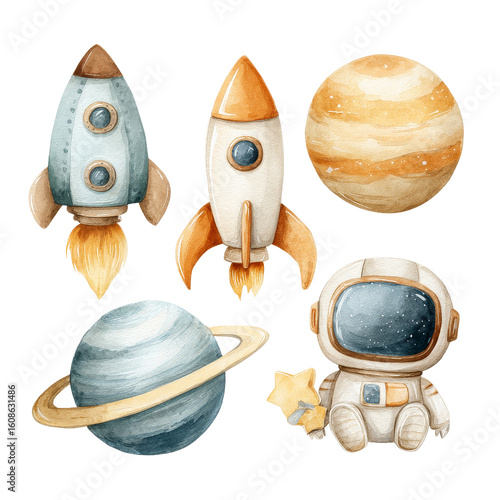 Watercolor Space Clipart Collection – Cute Rockets, Astronauts, and Planets cute cartoon water color whimsical concept for kids whimsical watercolor isolated on white, whimsical space illustration 