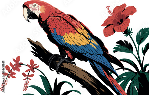 Illustration of a scarlet macaw perched on a branch with red flowers and green leaves on a white background