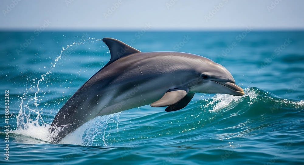 Fototapeta premium A graceful dolphin leaps from the ocean, creating splash and waves.