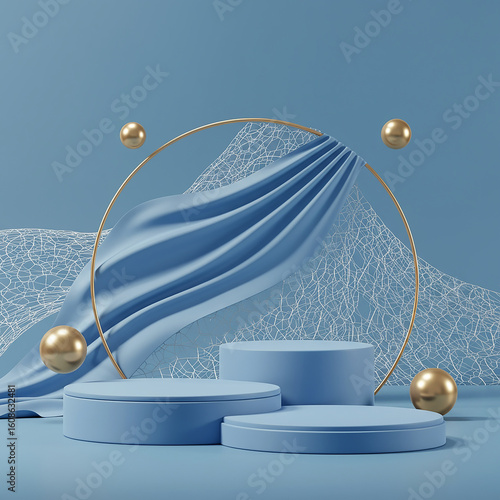 3D rendering of a podium draped in blue cloth, adorned with gold balls for a decorative effect.