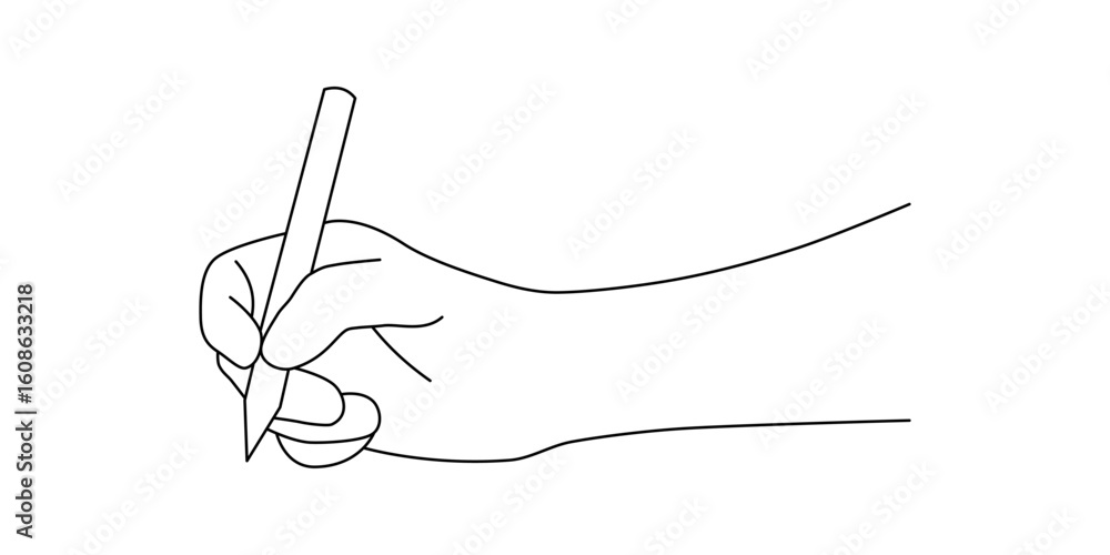 Obraz premium Hand Holding Pen Line Art Illustration. Minimalist line drawing of a hand holding a pen, captured in the act of writing or drawing.