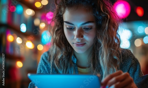 Candid young female teenager art student drawing art on her digital tablet. Representing the power of creativity and technology in education and personal expression, while, Generative AI