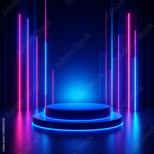 3D rendering of a vibrant podium illuminated by colorful neon lights, creating a dynamic and energetic atmosphere.