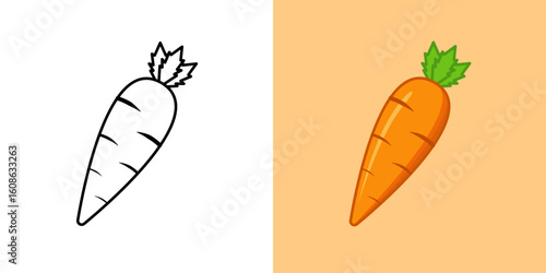 A vector illustration featuring a fresh carrot in two styles: a black outline ideal for coloring books or simple designs, and a vibrant, colorful version. Perfect for healthy eating concepts.
