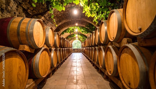 Wine cellar interior, barrels, stone walls