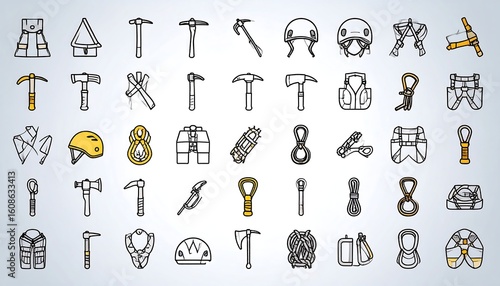 Colorful line art icons depict mountaineering equipment