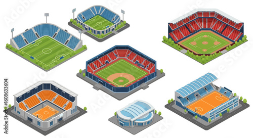 Adobe Illustrator artwork 3D isometric view set of various sports stadiums including soccer, baseball, football, basketball, swimming, and ice hockey arenas. Ideal for sports architecture themes