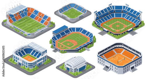 Adobe Illustrator artwork 3D isometric view set of various sports stadiums including soccer, baseball, football, basketball, swimming, and ice hockey arenas. Ideal for sports architecture themes