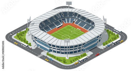 Adobe Illustrator artwork 3D isometric view of a large outdoor sports stadium with a green field, running track, seating, surrounding roads, cars, and buses. Ideal for sports and themes