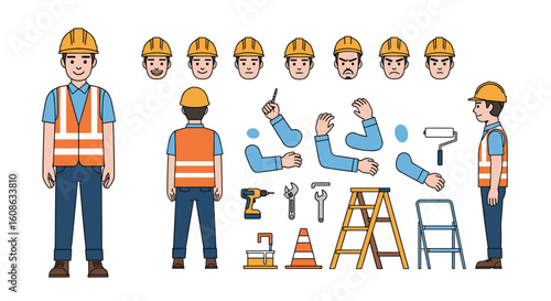 Construction worker character design elements and tools for building projects and manual labor