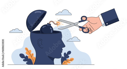 Cutting the fuse on a bomb inside a person's head symbolizing breaking free from overwhelming negative thoughts and stress