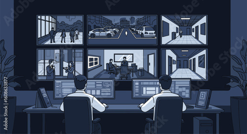 Observing urban activities and internal building operations through a sophisticated surveillance system manned by security personnel