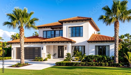 Modern Mediterranean-style home with terracotta roof, pristine white exterior, and lush landscaping.  Large windows and garage