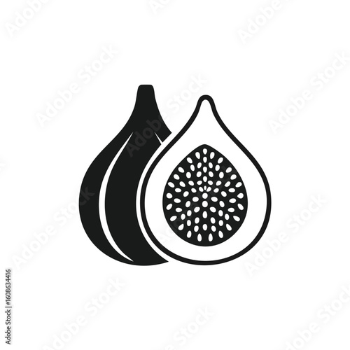 Black and White Silhouette Icon of a Fig and its Half - AI Generated