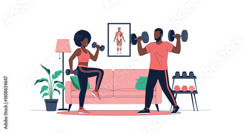 Couple exercising together indoors strengthening their bodies with dumbbells for a healthy lifestyle