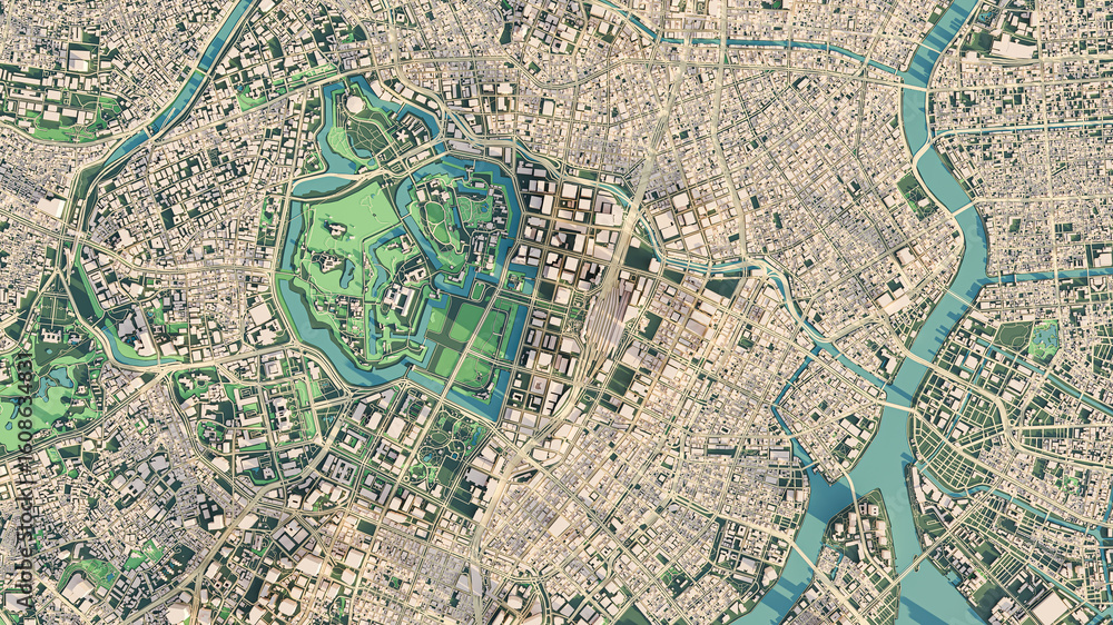custom made wallpaper toronto digital3D render map of Tokyo city view. 3D illustration of a top view of Tokyo, Japan.