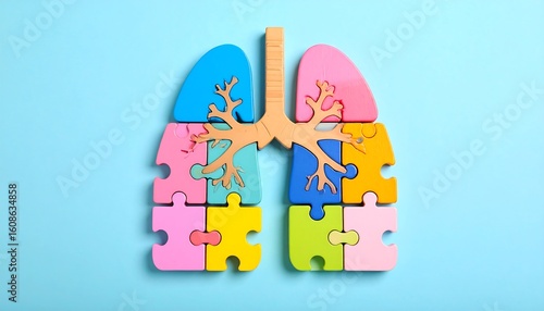 Colorful puzzle pieces form lungs on blue background (1)