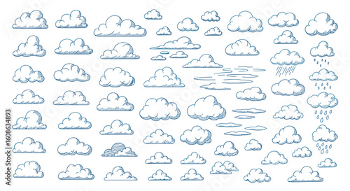 Collection of various cloud shapes and designs representing weather and atmosphere