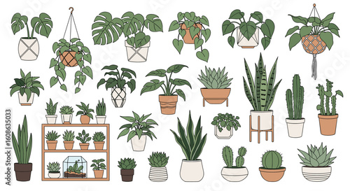 Vibrant pixel art collection of lush houseplants and decorative planters for home decor and interior design inspiration