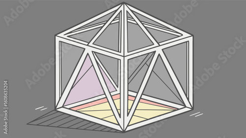 Isometric cube with triangular internal structures and a shadow cast on a gray background