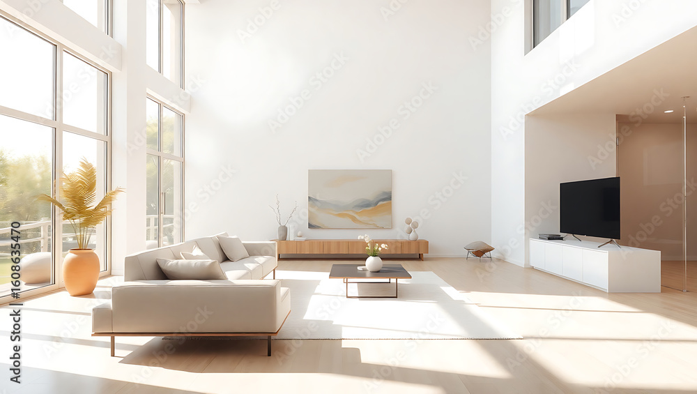 Fototapeta premium Spacious modern living room with high ceilings and natural light