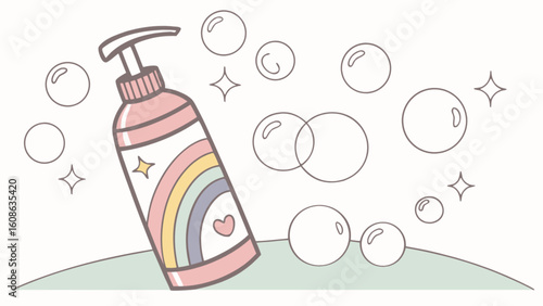 Illustration of a pink soap dispenser with a rainbow design surrounded by bubbles and stars on a green hill