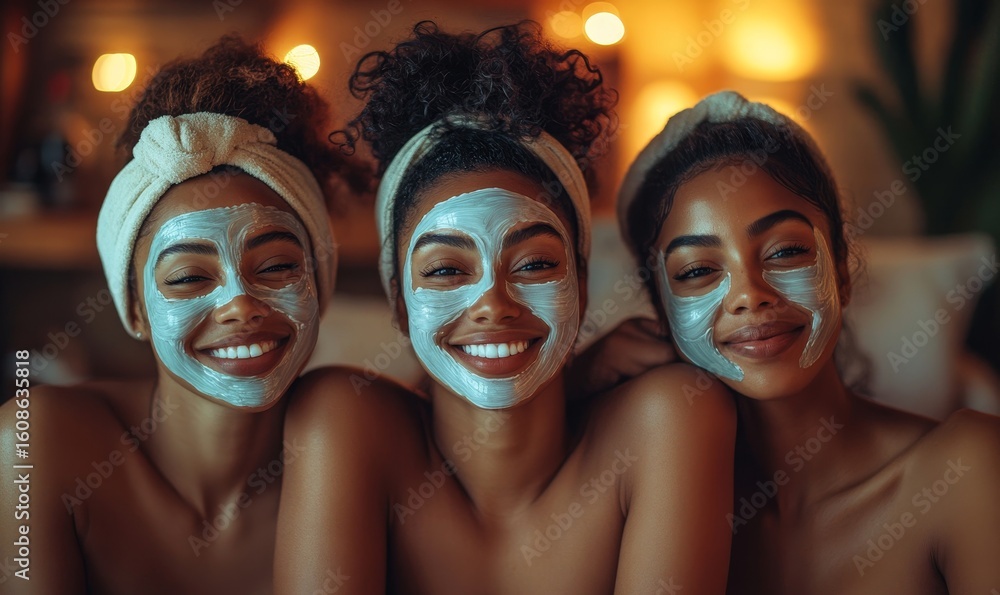 Obraz premium Young Black female friends having a pamper session night together, enjoying wellness activities such as skincare and face masks. A fun and nurturing way to relax and maintain wellness, Generative AI