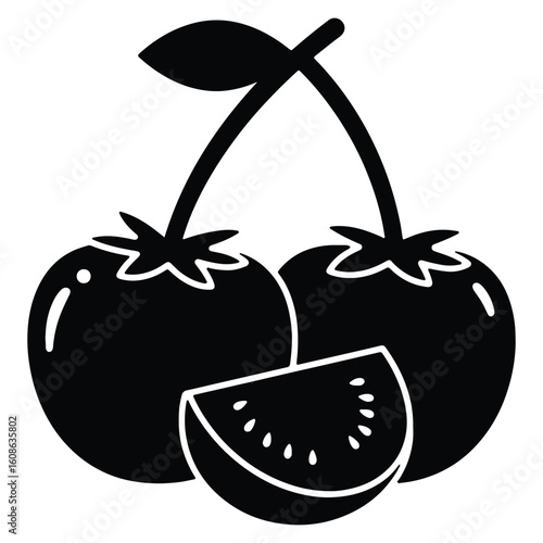 Black and white vector illustration of fresh tomatoes with slice and stem.