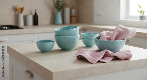 Wallpaper Mural A modern kitchen counter with pastel blue bowls and pink napkins Torontodigital.ca