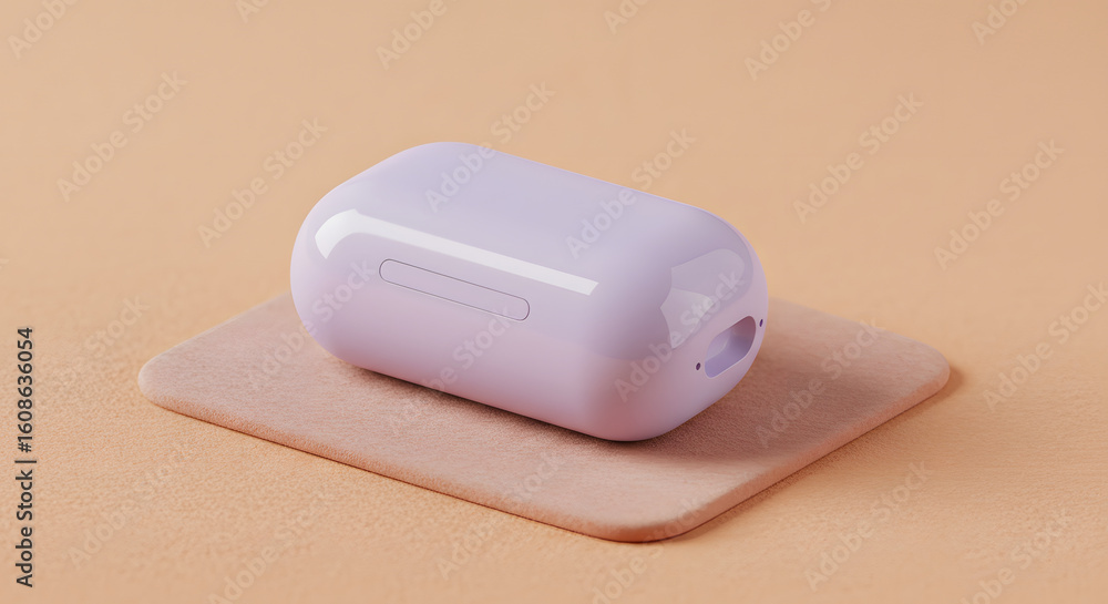 Fototapeta premium A modern pastel lavender earbuds case on a peach-colored mat