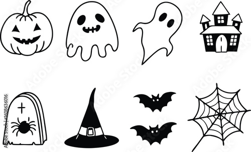 Halloween icons pumpkin ghost haunted house bats spiderweb witch hat