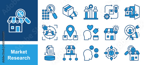 Market Research icon set with Sampling, Brand awareness, Competitor analysis, Product development, Consumer behavior, Focus group, Market segmentation, Data collection.