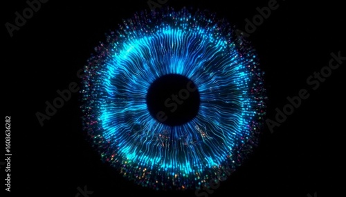 Glowing blue cybernetic iris, digital particle trails in a sci-fi concept of artificial intelligence, biometric scanning, machine vision or futuristic optical technology interface in dark background