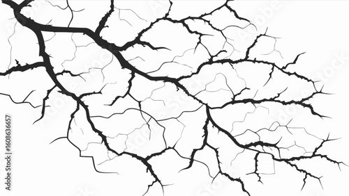 Illustration of a network of black cracks spreading across a white background surface pattern design art