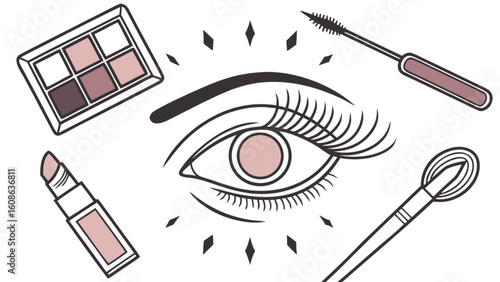 Illustration of an eye with makeup products including eyeshadow lipstick and mascara brush around it