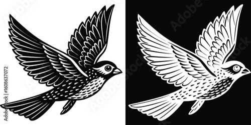 An elegant bird in flight, captured in black and white, expressing both freedom and grace with its detailed plumage