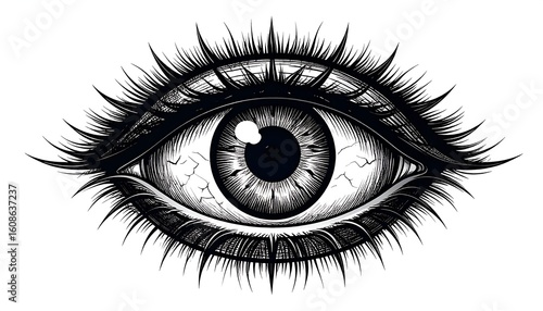 Detailed black and white illustration of a human eye with long lashes